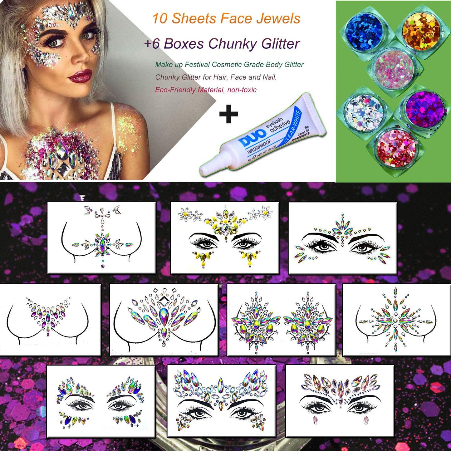 Face Body Gems Jewels Stickers,Body Jewels Stickers Stick on 10 Sets with 6 Boxes Chunky Glitter for Women Makeup Festival
