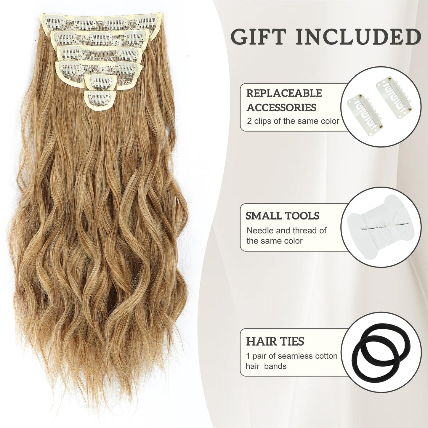 Clip in Hair Extensions, 6 PCS Natural & Soft Hair & Blends Well Hair Extensions, Lonng Wavy Hairpieces(16inch, 6pcs,Golden Blonde)