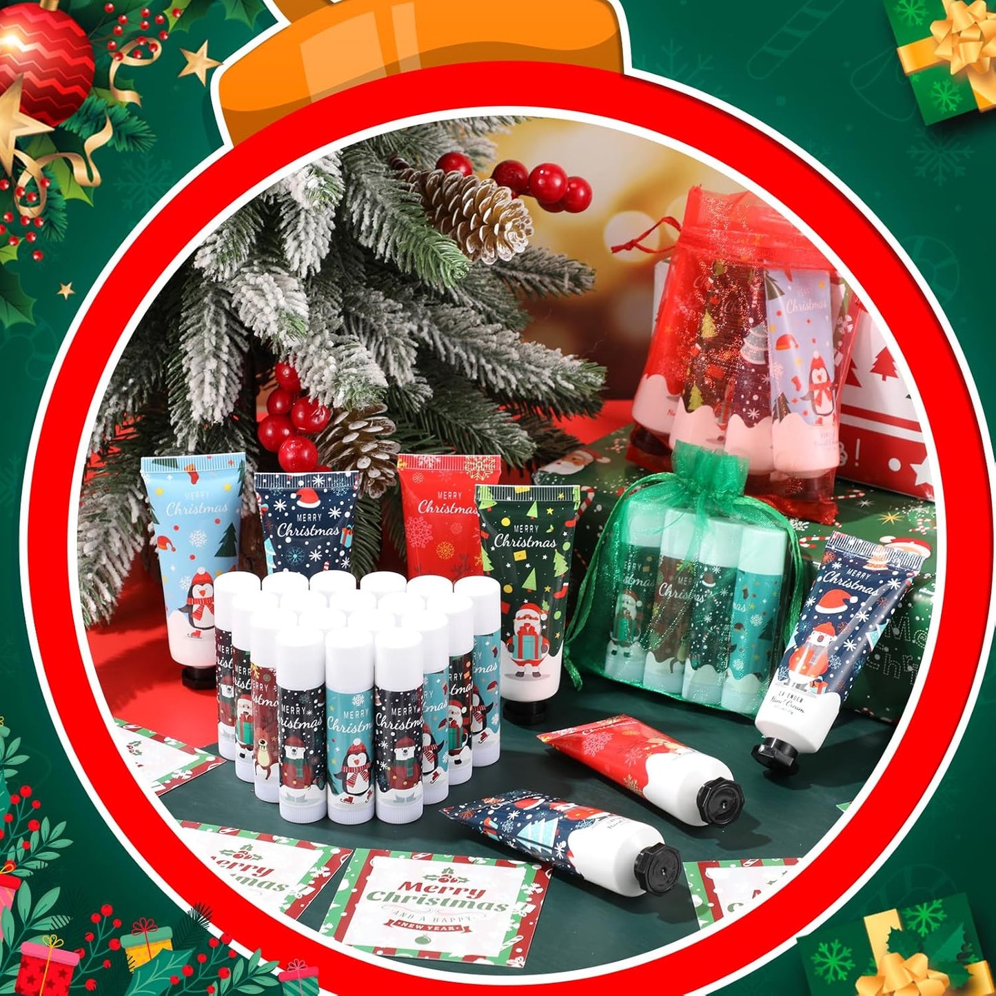 24 Set Christmas Hand Cream Gift Set, Including Moisturizing Christmas Hand Lotion, Xmas Lip Balm, Gauze Bags, Thank You Cards Natural Fragrant Xmas Cream with Lip Balm Gifts
