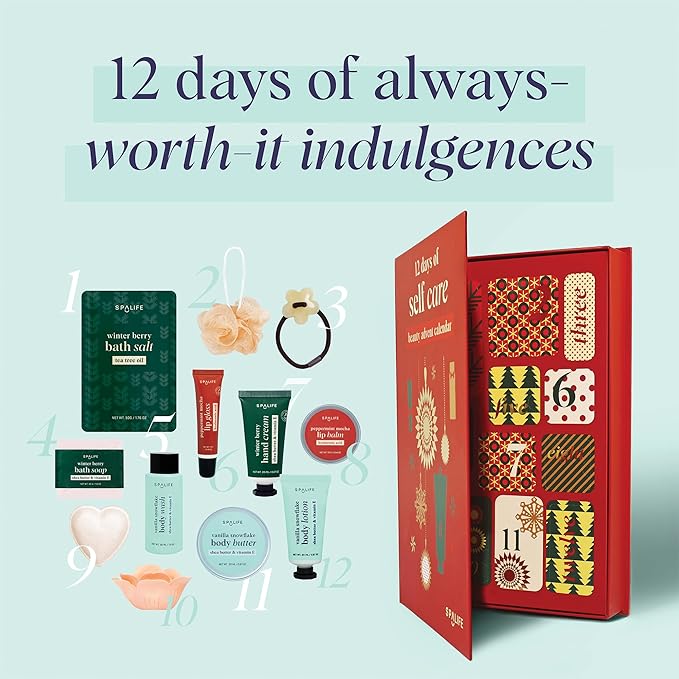SpaLife Holiday 12-Day Beauty Advent Calendar – Travel-Friendly Skincare – Gift Set – 12 Days of Self-Care Spa Set – Body Care Skin Care – SpaLife Holiday Stocking Stuffer