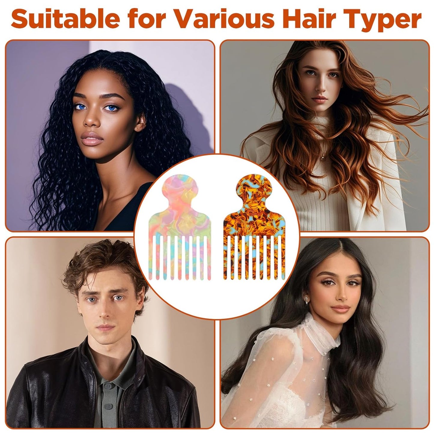 2PCS Acetate Hair Picks for women Curly Wide Tooth Hair Pick Comb Smooth Detangling Professional Hairs Styling Picks Comb Reducing Knots Afro Pick Styling Tool for Women Men Curly Hairs