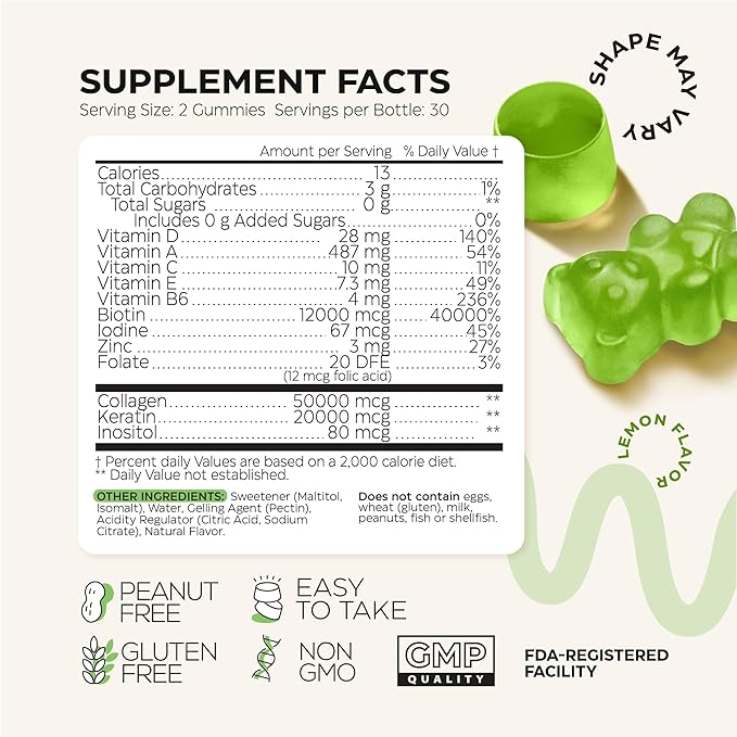 Biotin and Collagen Peptide Gummies for Hair Growth, Skin and Nails 12000 Mcg - Biotin Chewables with Keratin Max Strength - Beauty Gummies for Women and Men - Sugar Free, Non-GMO Gummy Supplement