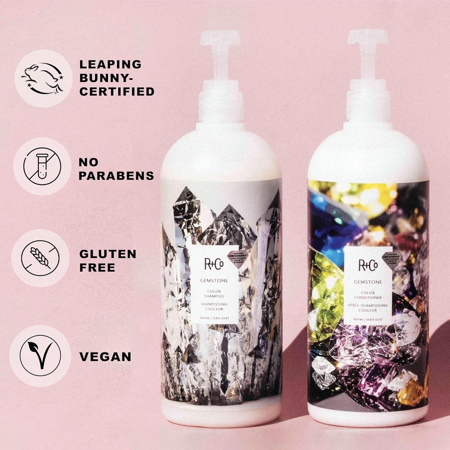 R+Co Gemstone Color Shampoo & Conditioner Set + Deluxe Sample (0.5oz) | Protects Color, Repairs & Nourishes | Vegan + Cruelty-Free | 33.8oz (Pack of 2)
