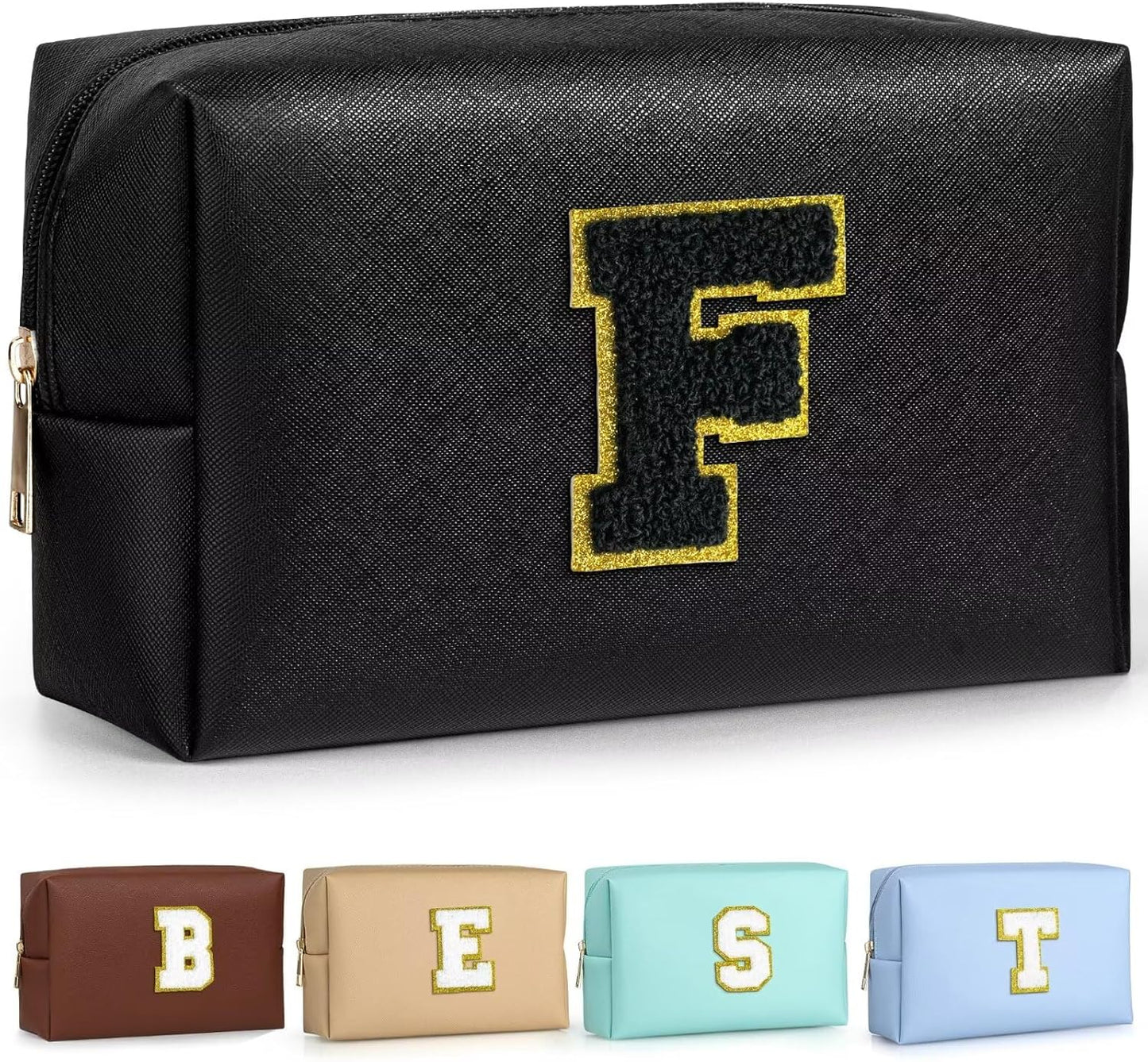 TOPEAST Preppy Makeup Bag, Small Cosmetic Travel Bags for Women, PU Leather Waterproof Toiletry Bag with Zipper, Personalized Birthday Gift for Women Girl, Preppy Gifts for Girl (Black F)
