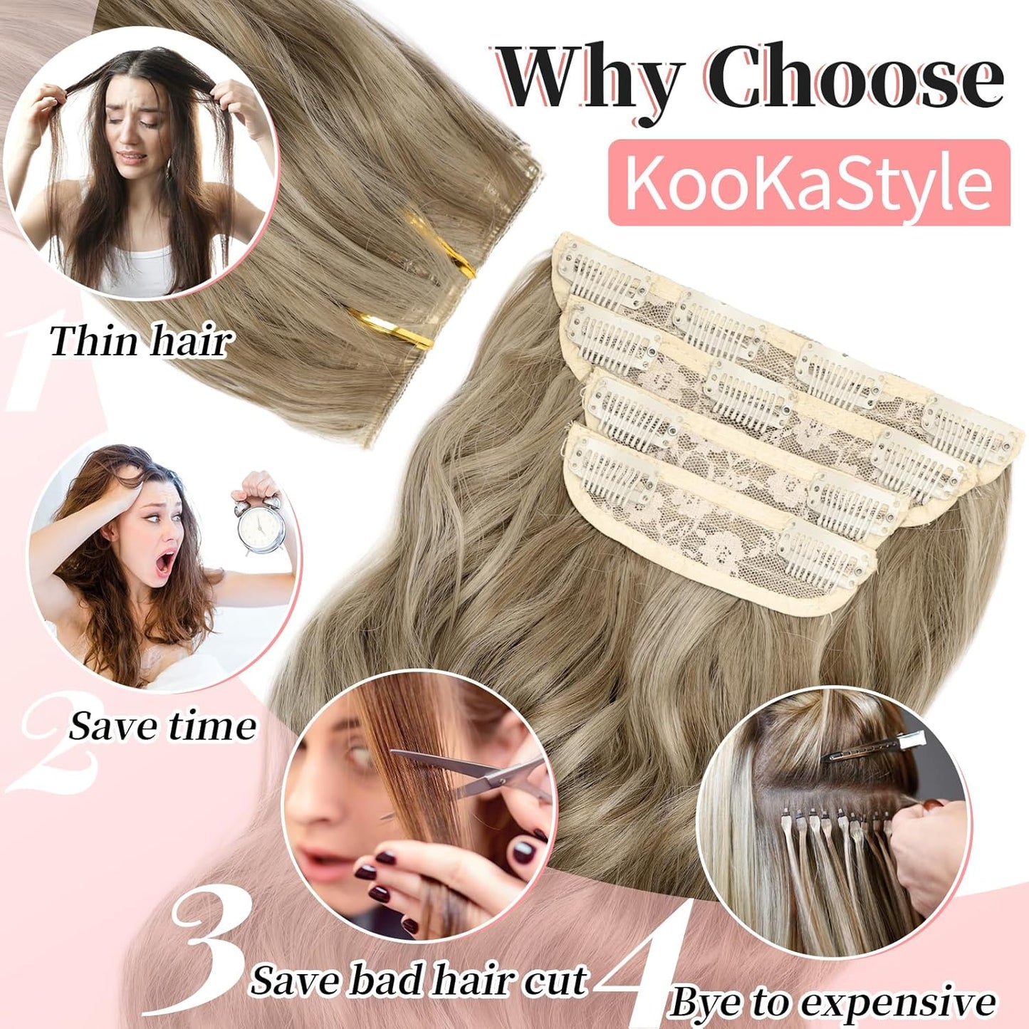 KooKaStyle Hair Extensions Ashy Taupe Blonde Clip in Synthetic Highlight Long Wavy 4PCS Thick Hairpieces for Daily Use 20 Inch for Women