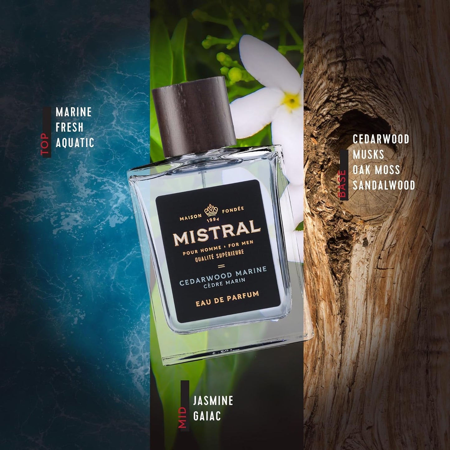 Mistral Men’s Cologne – Cedarwood Marine Eau de Parfum | Fresh & Woodsy Masculine Scent with Marine, Jasmine & Cedarwood | Cruelty-Free & Long-Lasting Perfume for Men, Made in France - 3.4 Oz