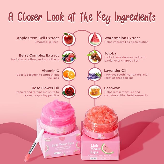 Watermelon Lip Scrub and Lip Sleeping Mask Duo to Exfoliate and Nourish Dry, Lip Scrub and Mask Set for Chapped Lips – Overnight Lip Care Kit to Achieve Soft, Luscious Lips