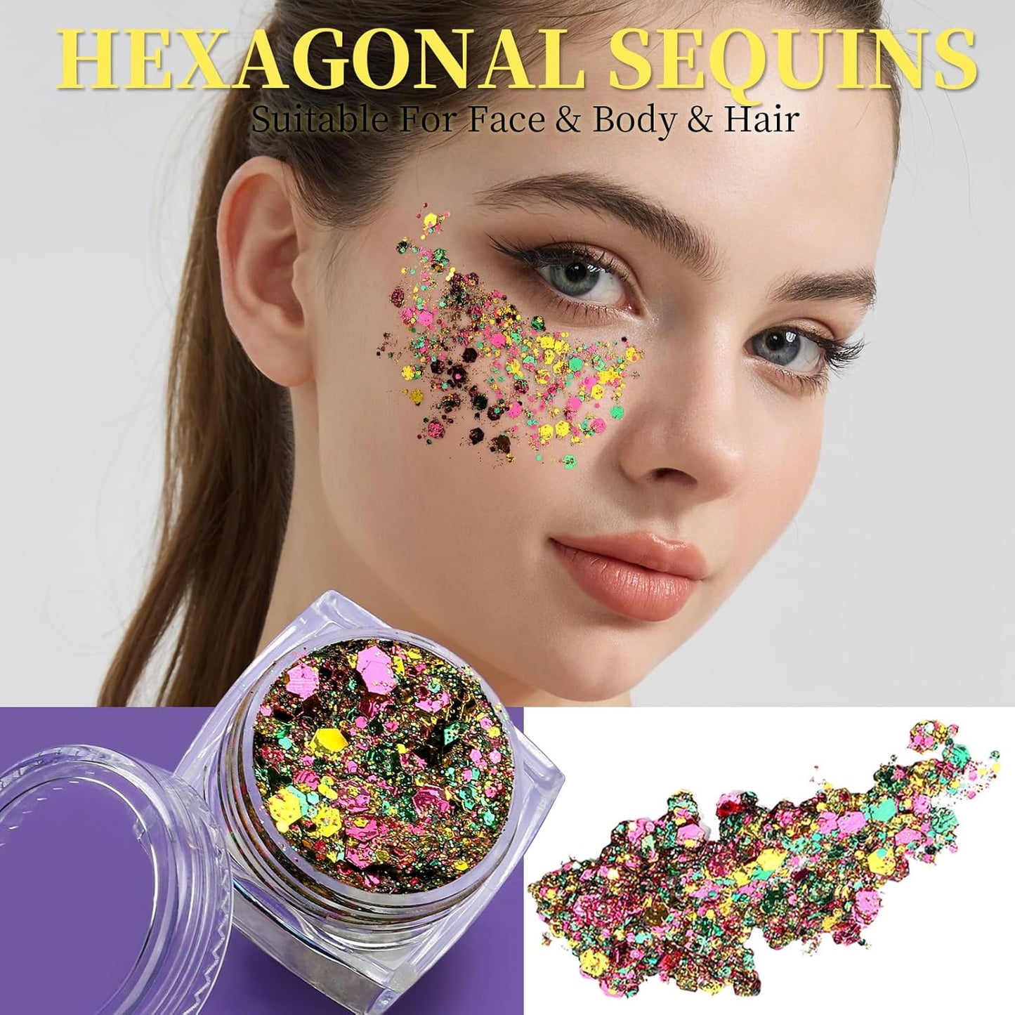 Teenitor Body Glitter Face Glitter for Halloween Makeup, Gold Purple Green Mixed Festival Glitter, Hair Glitter Gel for Halloween Rave Festival, Mardi Gras Glitter for Women Kids