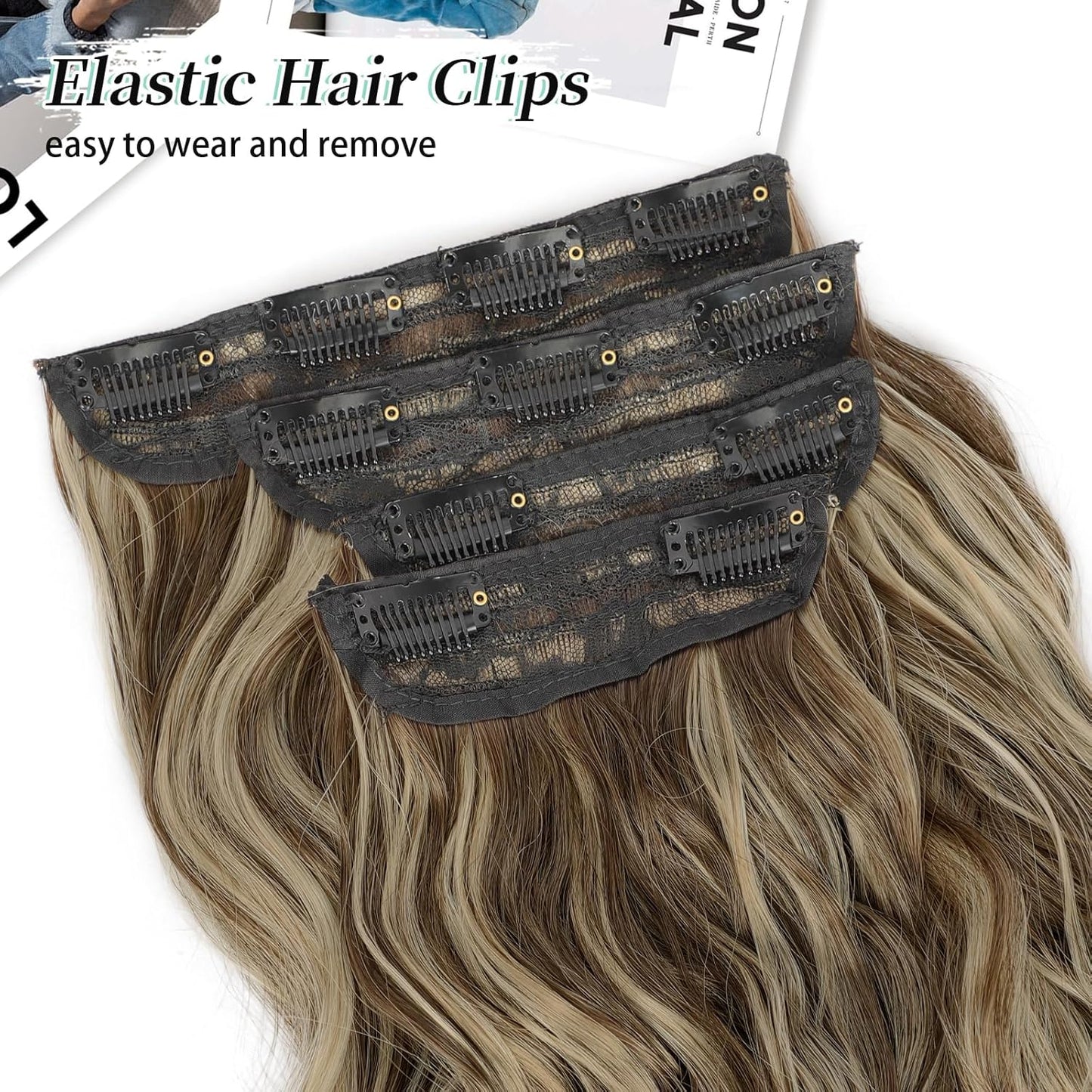 KooKaStyle Hair Extensions Light Brown mix Blonde 626D Clip in Synthetic Highlight Hair Extensions Long Wavy 4PCS Thick Hairpieces 20 Inch for Women