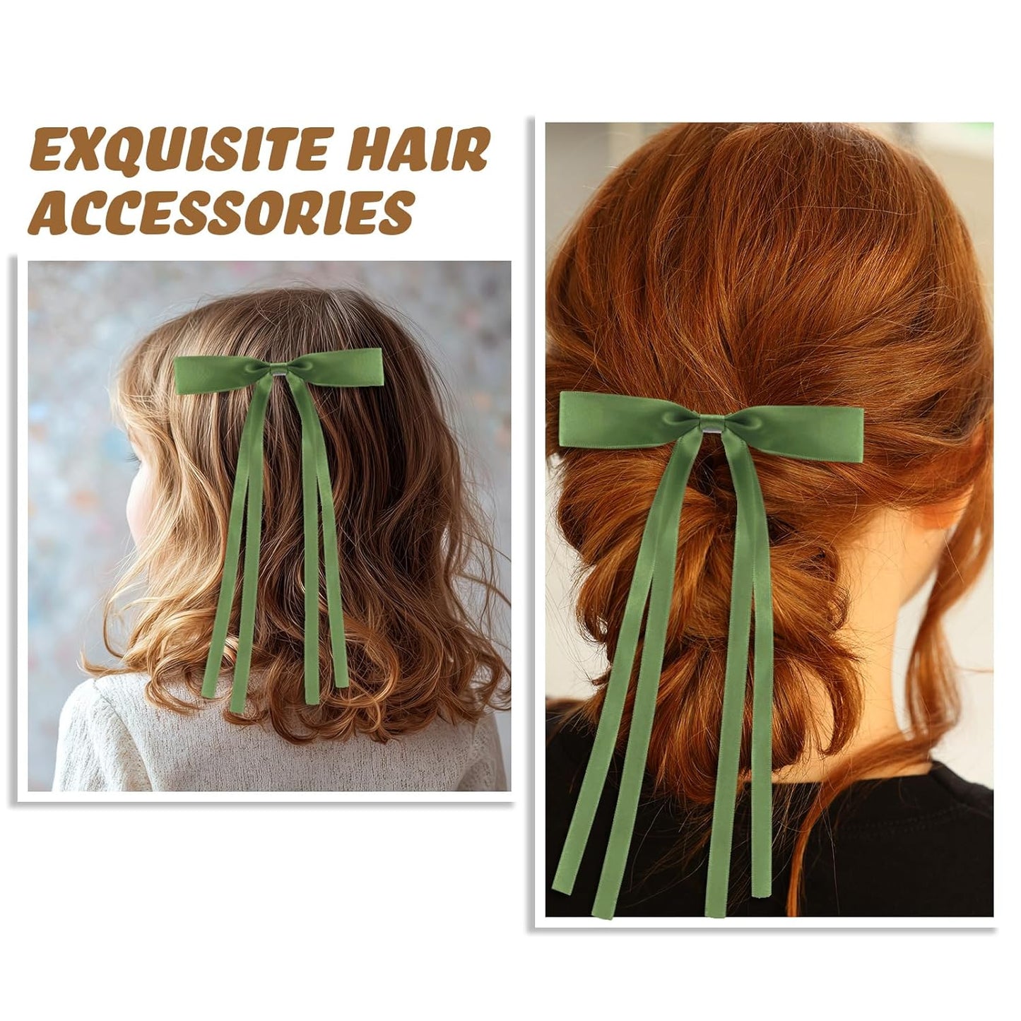 24 PCS Hair Bows Clips Ribbon,Mini Satin Hair Bows With Long Tail for Women and Girls Hairstyle Accessory Gift (Green)