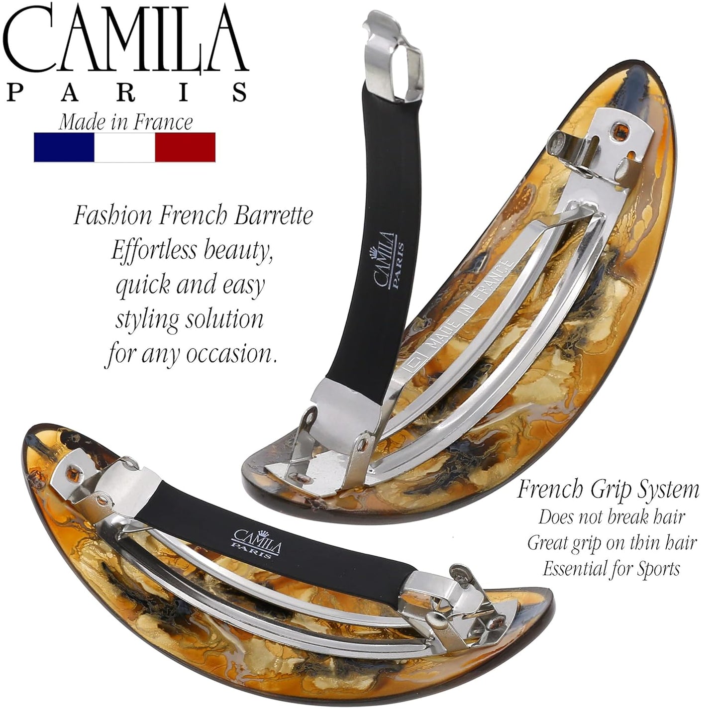 Camila Paris CP3322 French Hair Barrette Oval For Thick Curly Wavy Long Hair, Strong Hold Grip Hair Clips for Women, No Slip Rubberized Metal Clasp, Styling Girls Hair Accessories, Made in France