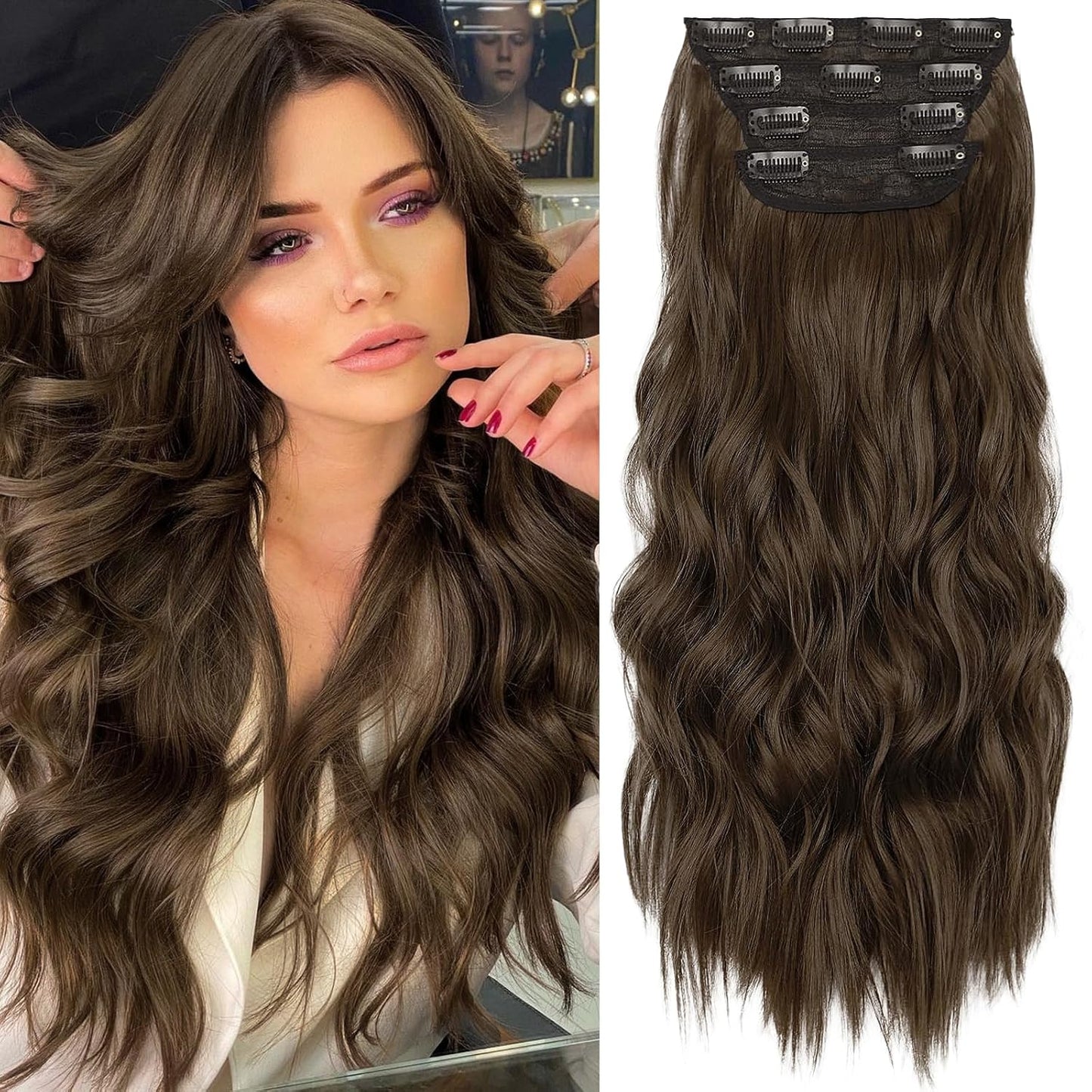 KooKaStyle Clip in Synthetic Hair Extensions Long Wavy 4PCS Thick Hairpieces Chestnut Brown Fiber Double Weft Natural Hair Extensions 16 Inch for Women