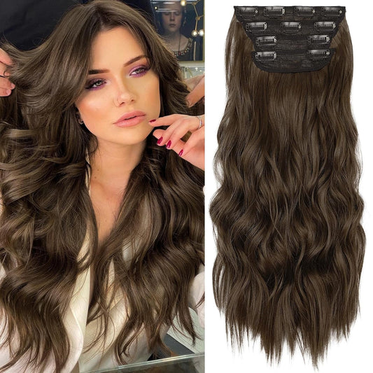 KooKaStyle Clip in Synthetic Hair Extensions Long Wavy 4PCS Thick Hairpieces Chestnut Brown Fiber Double Weft Natural Hair Extensions 20 Inch for Women