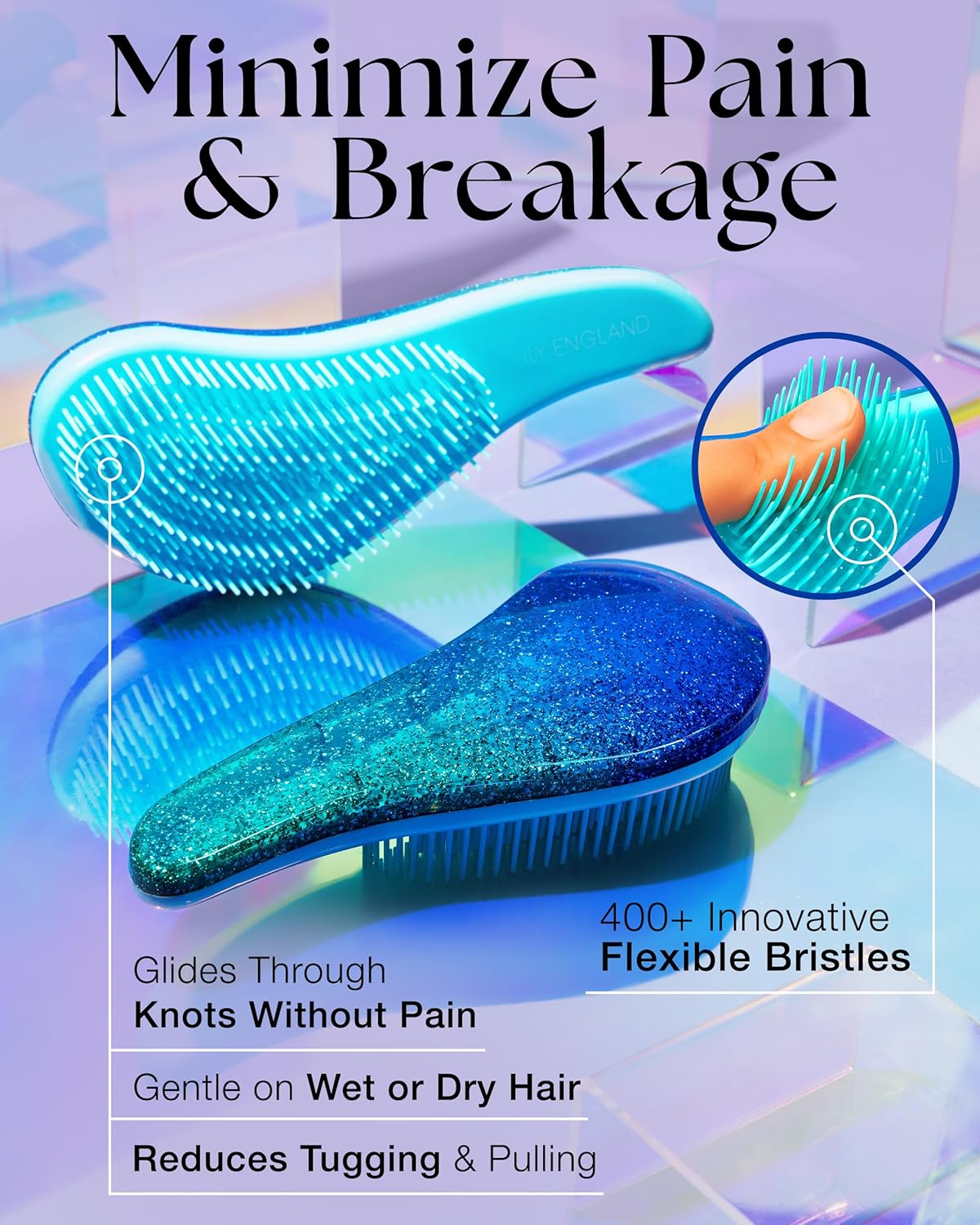 Lily England Detangler Hair Brush for Curly, Thick, Straight & Natural Hair - Gentle Detangling Brush for Women, Kids & Toddlers with Flexible Bristles - Smooth Hairbrush for Wet & Dry Hair, Blue