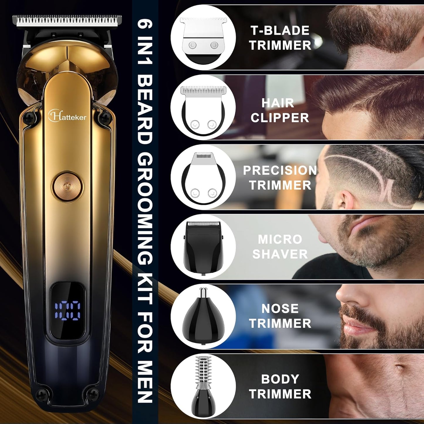 Hatteker Men's Beard Trimmer Kit Electric Razor Shaver Professional Hair Clipper with Zero Gapped T-Blade Nose Ear Beard Body Trimmer for Men Waterproof Cordless Grooming Kit 6 in 1