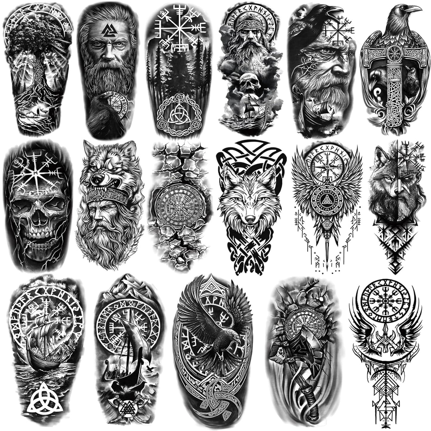 Viking Temporary Tattoos for Adults, 77 Sheets Viking Fake Tattoos for Men and Women, Black Large Norse Tattoo Sleeve Stickers