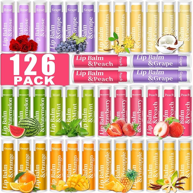 126 Pcs Lip Balm Bulk, 12 Flavored Pack of Lip Balms Pack Natural Moisturising Organic Lip Balm Set for Cracked Lips, Bulk Gifts Stocking Stuffers Party Favors(4.2g/0.15oz)