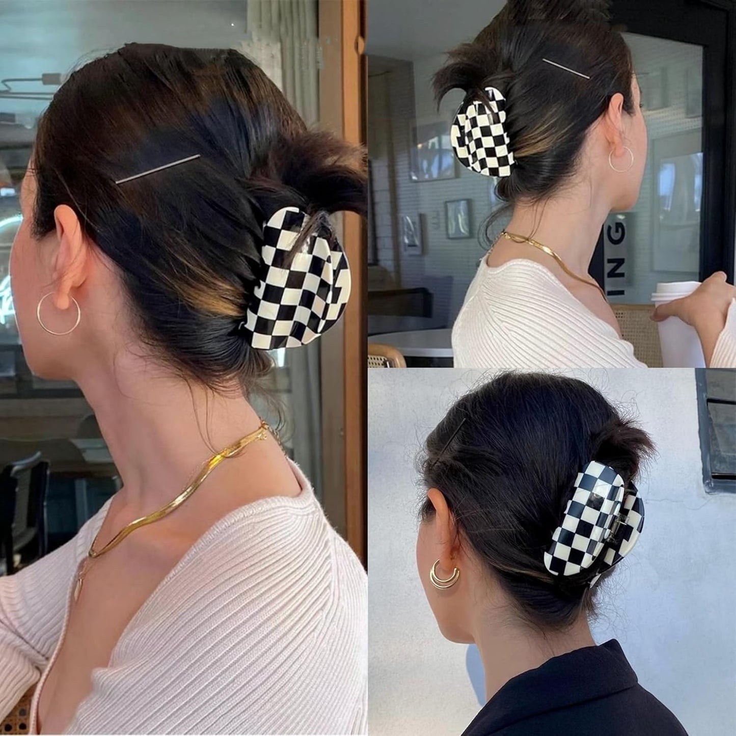 Checkered Hair Claw Clips, Acrylic Multicolored Semicircle Checker Barrettes for Women Ladies Medium Cute Non Slip Hair Jaw Clips Strong Hold Claw Clamps Hair Accessories for Thin Thick Hair (4 Pack)