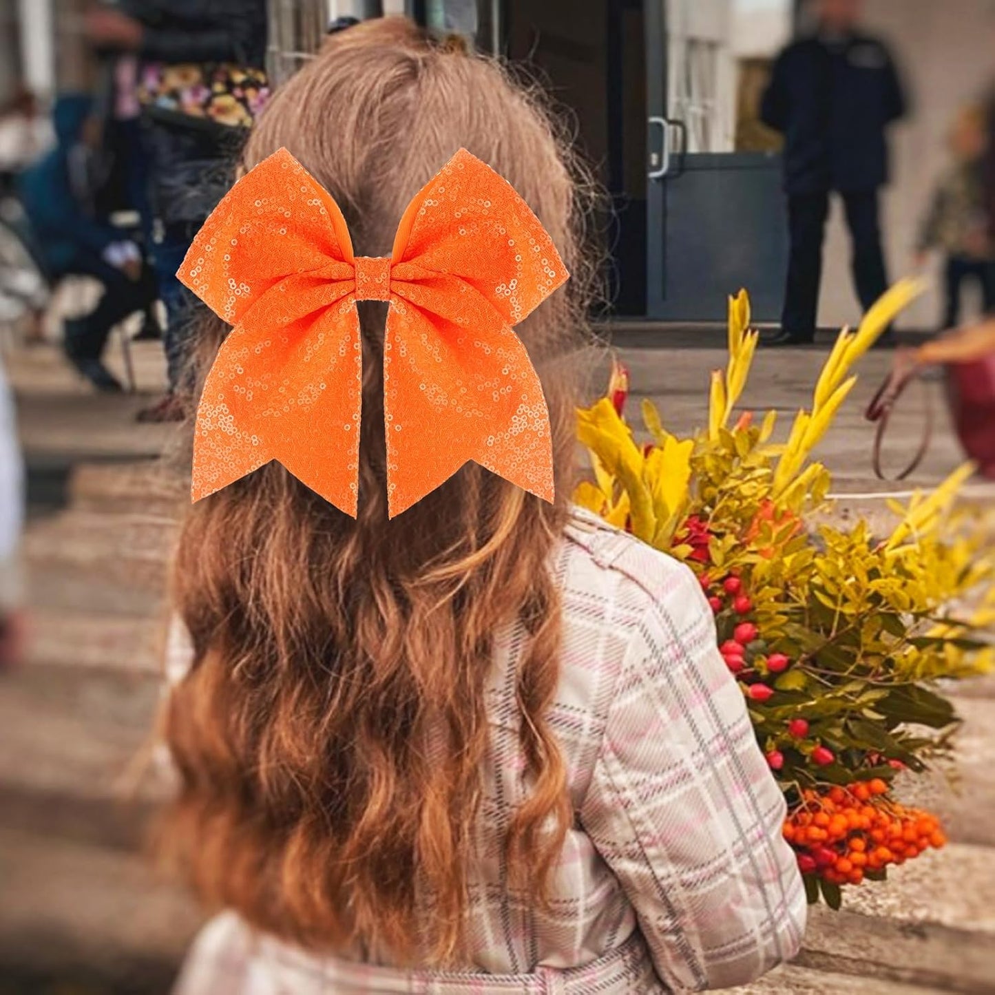 Large Glitter Cheer Bows Clips, Jumbo Big 7 Inch Cheerleading Sequin Hair Bow Hair Accessories for Teens Girls Football Sports Cheerleader Outfit Uniform (Orange)