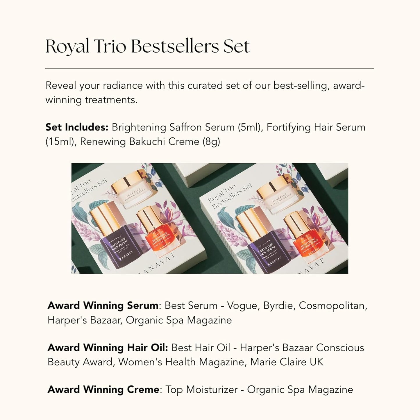 RANAVAT Royal Trio Travel Size Gift Set - Set Includes Brightening Saffron Face Serum, Renewing Bakuchi Face Cream & Fortifying Hair Serum - Clinically Tested Vegan Skincare & Haircare (3 Count)