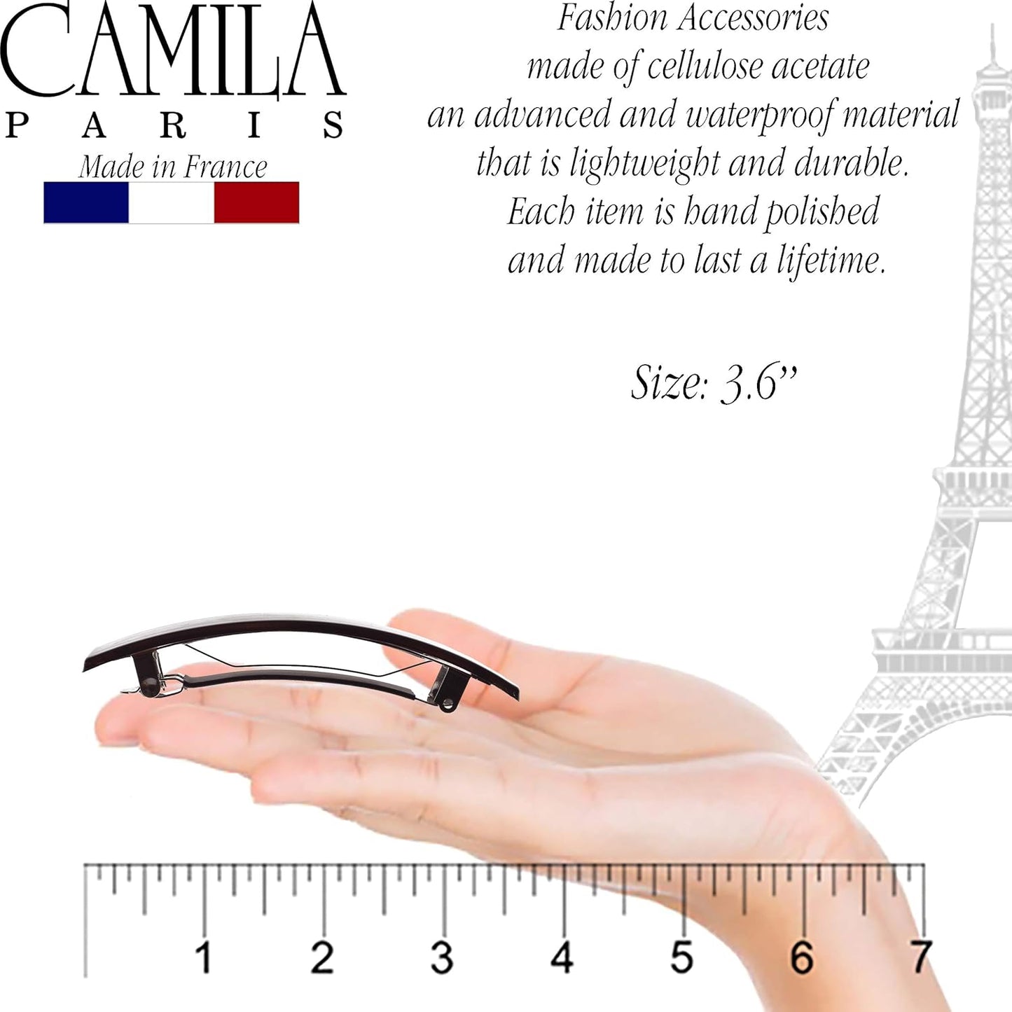 Camila Paris AD820 French Hair Barrette Clip for Girls, Black, Rubberized Metal Clasp, Strong Hold Grip Hair Clips for Women, No Slip and Durable Styling Girls Hair Accessories, Made in France