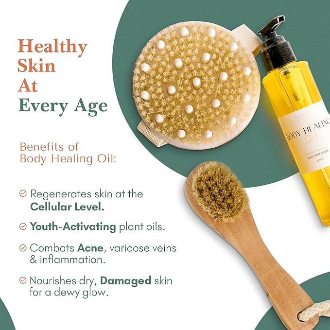 Healing Happy Method - Dry Brush Skin Care Kit + Body Healing Oil – Body & Facial Boar Bristle Brushes, Natural Oil Soap, Sisal Bag & Full Instruction Chart for Glowing Skin