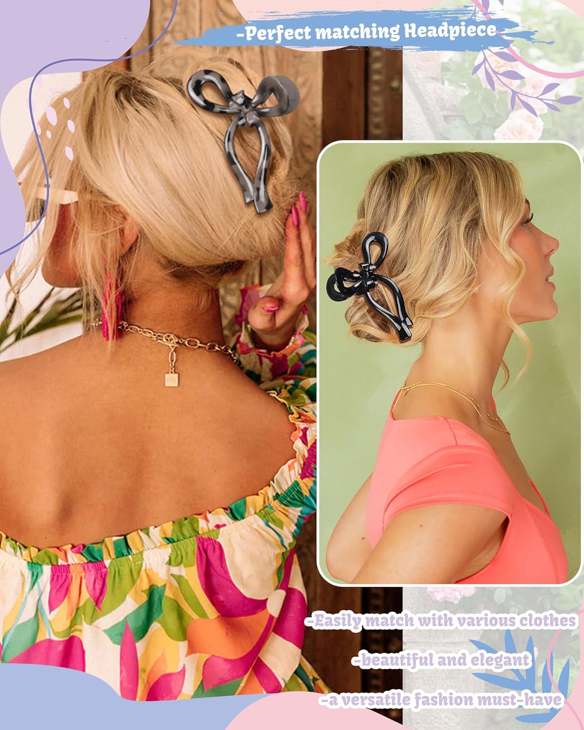 4 PCS Bow Hair Clips Bow Claw Clip for Women Nonslip Large Hair Claw Clips for Thin and Thick Hair Strong Hold Hair Bows (Black+Leopard Print)