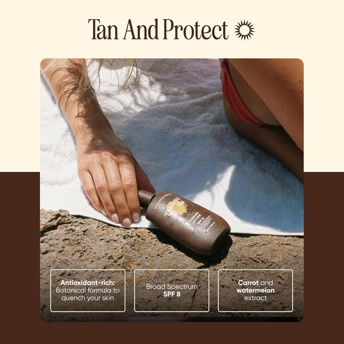 Tanning Club - Tanning Lotion SPF 8 - Hydrating Sun Care with Beta-Carotene, Green Tea, and Aloe - Water and Sweat Resistant (80 Minutes) - 150 ml