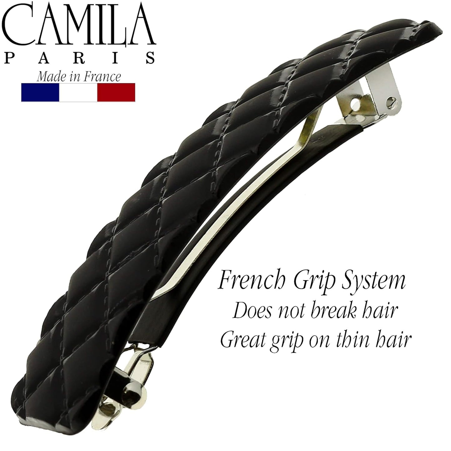 Camila Paris CP2650 French Hair Barrette Clip for Girls, Black, Rubberized Metal Closure Strong Hold Grip Hair Clips for Women, No Slip and Durable Styling Girls Hair Accessories, Made in France