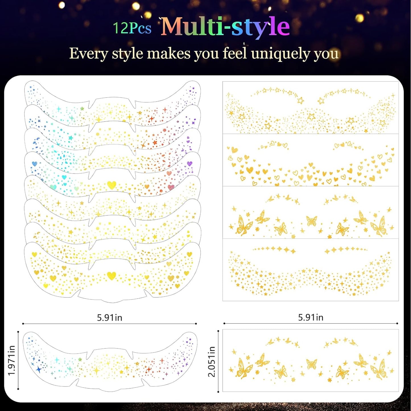 HyperFun 12Pcs Face Glitter Freckles, Face Glitter Fake Freckles Sticker, Gold Holographic Multichrome Waterproof Sparkle Freckles Makeup Patches for Women Rave Festival Accessories Concert Party Prom