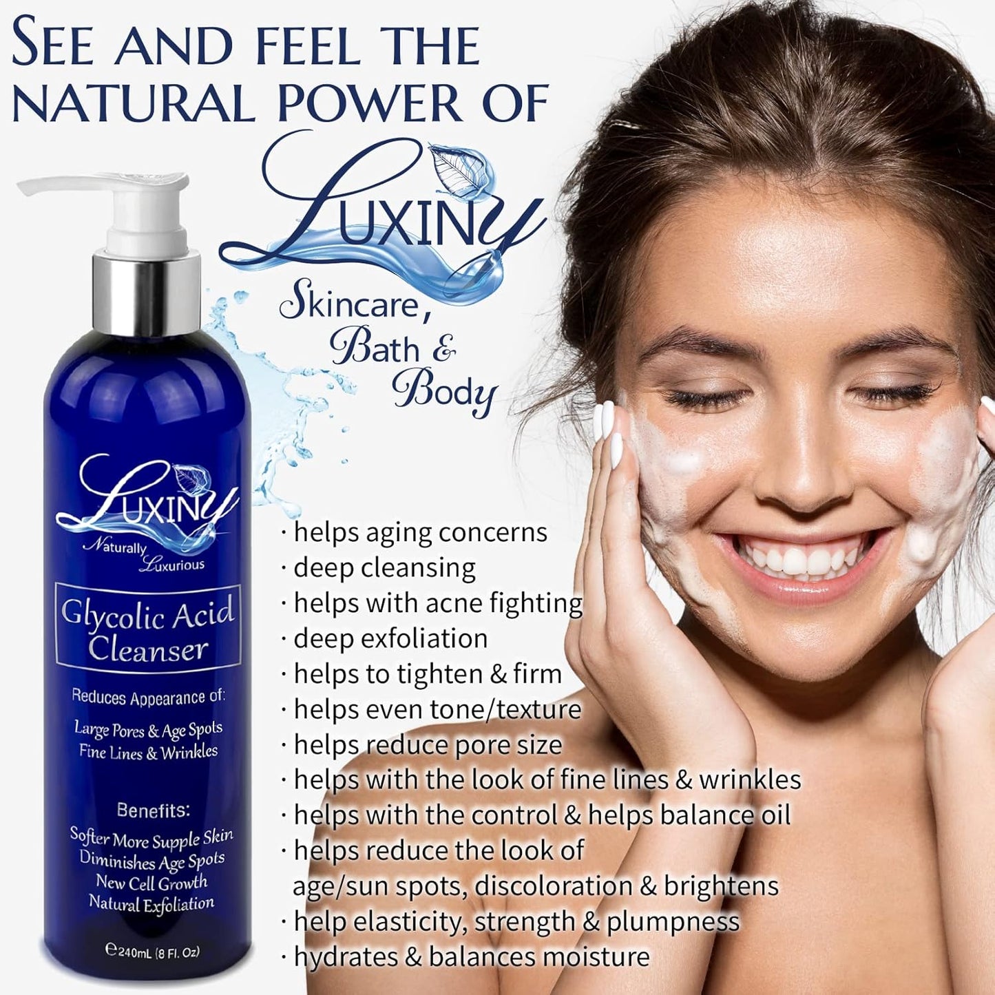 Luxiny 10% Glycolic Acid Face Wash & Exfoliating Cleanser, 8 oz – Vegan, Natural AHA Facial & Acne Body Wash for Women and Men – Pore Minimizer