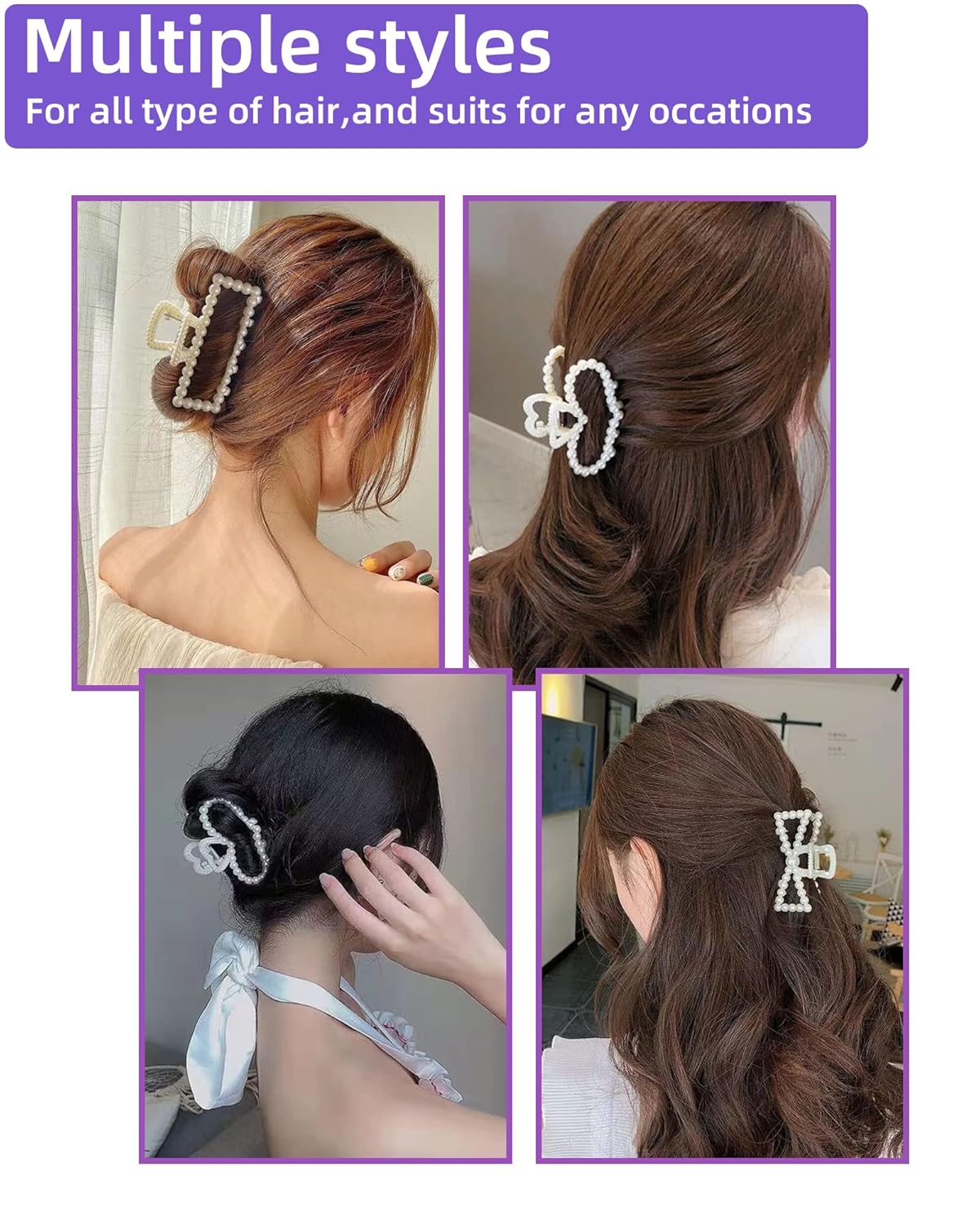 6 PACK Large White Pearl Hair Claws, Strong Hold Non-Slip Jaw Barrettes for Thick Hair, Wedding Styling Gift Accessories for Women and Girls