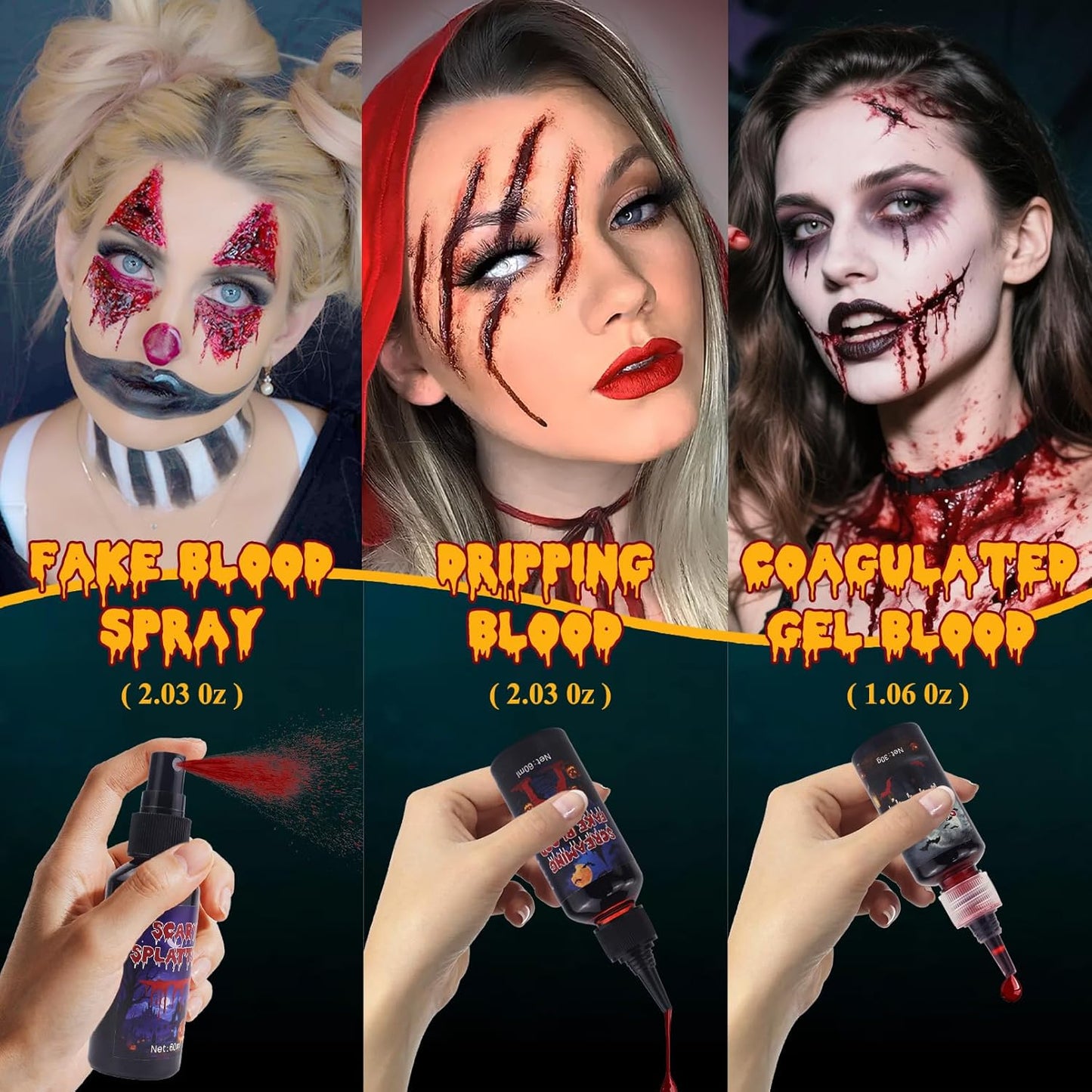 Fake Blood SFX Makeup Kit – 3 Pack Special Effects Halloween Blood Set [1.06oz Coagulated + 2.03oz Dripping + 2.03oz Spray] – Washable Vampire Blood for Face, Body, Clothes