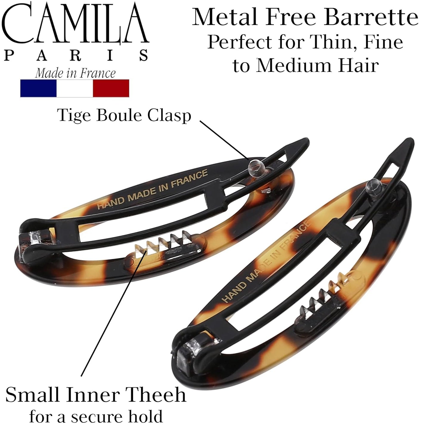 Camila Paris CP1993/2 French Hair Barrette Clip for Women, Handmade, Side Slide-in Metal-Free Closure Strong Hold Grip Hair Clips for Girls, No Slip Durable Styling Hair Accessories, Made in France