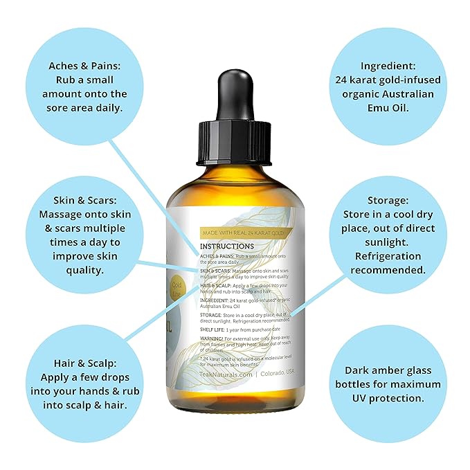 24K GOLD Emu Oil, 24 K Gold Organic Australian Emu Oil 4 oz Gold Line Series
