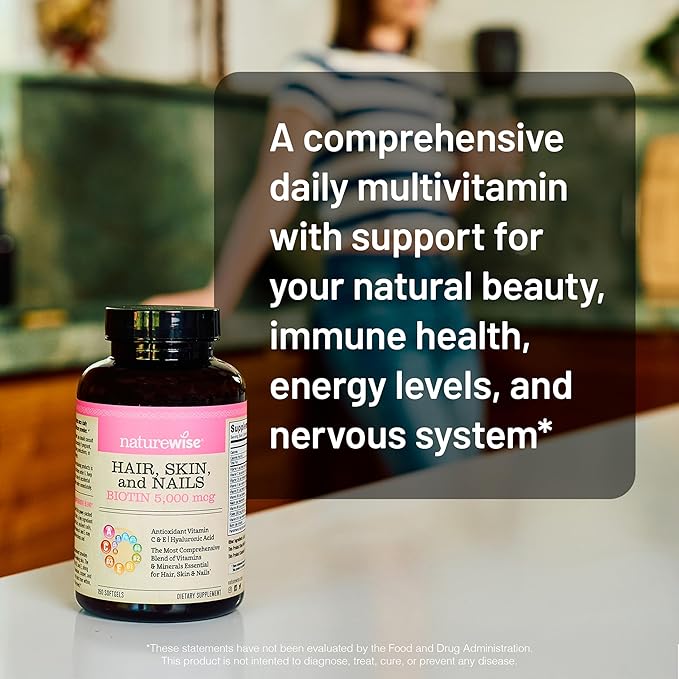 NatureWise Hair Skin and Nails Vitamin, Biotin 5000mcg w/Hyaluronic Acid, Collagen for Women with C, B Complex, D3, A, E, Iron - Non-GMO, Gluten Free - 150 Softgels[50-Day Supply]