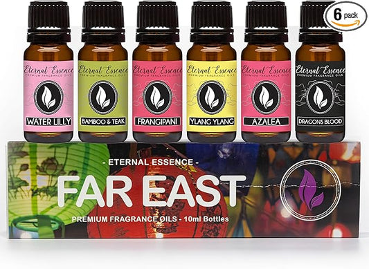 Eternal Essence Oils Far East Set of 6 Premium Fragrance Oils - Includes Water Lily, Bamboo & Teak, Frangipani, Azalea, Ylang Ylang and Dragon's Blood Scented Oils - 10ML