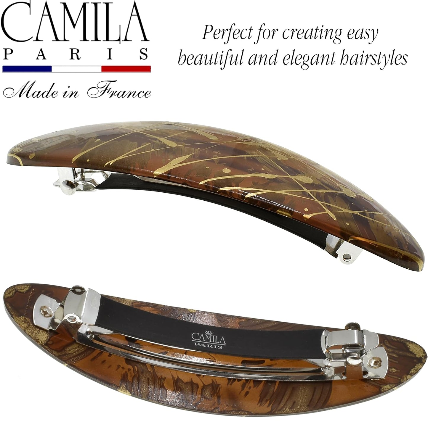 Camila Paris CP3872 French Hair Barrette Clip Oval Ligth Brown and Gold, Strong Hold Grip Hair Clips for Women, No Slip Rubberized Metal Closure, Durable Styling Girls Hair Accessories, Made in France