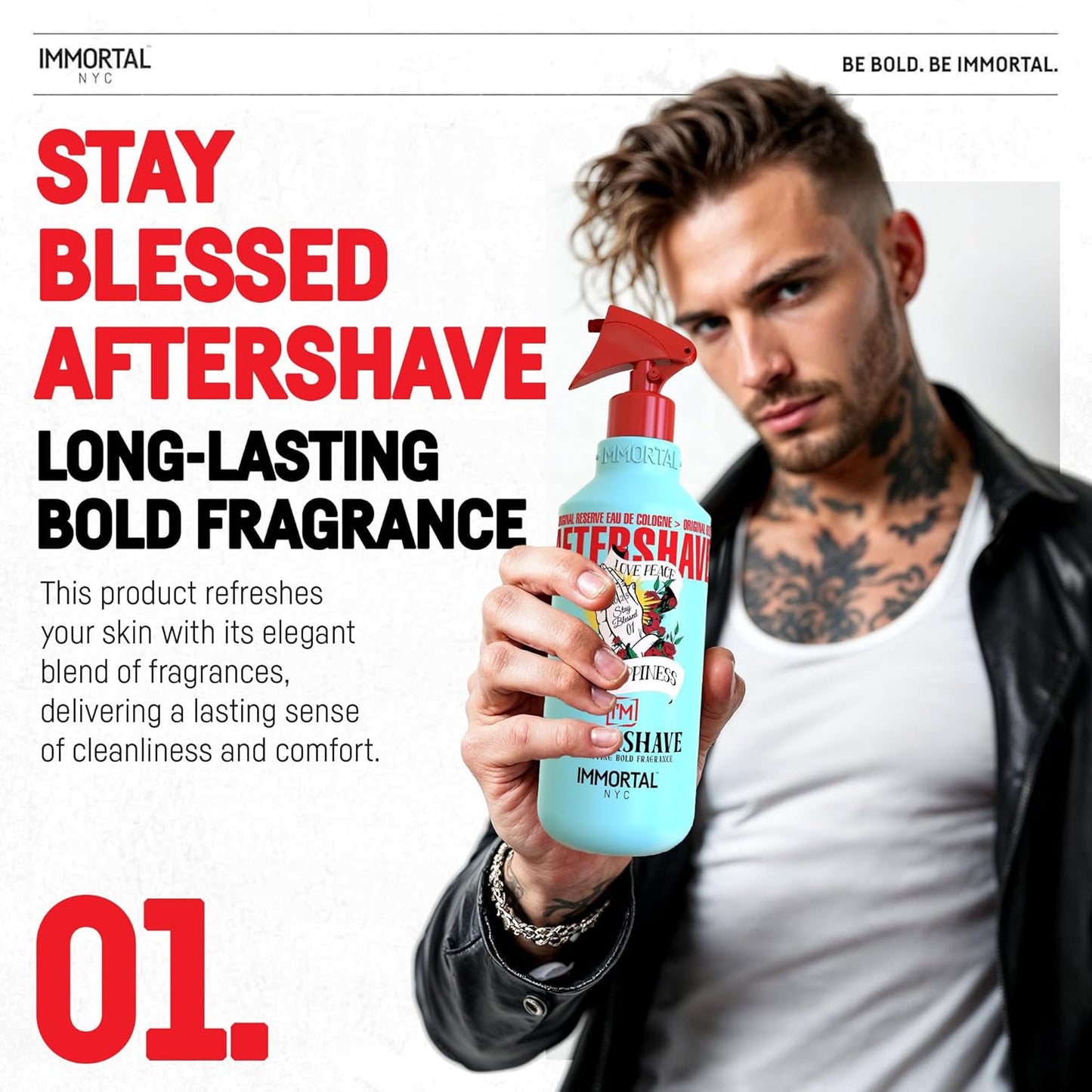 Immortal NYC Stay Blessed 01, After Shave Spray Body/Face Men's Cologne, 17 oz, Exclusive Barbers, Softens Skin, Refreshes, Disinfects and Relieves Face and Skin, Moisturizing Formula After Shaving