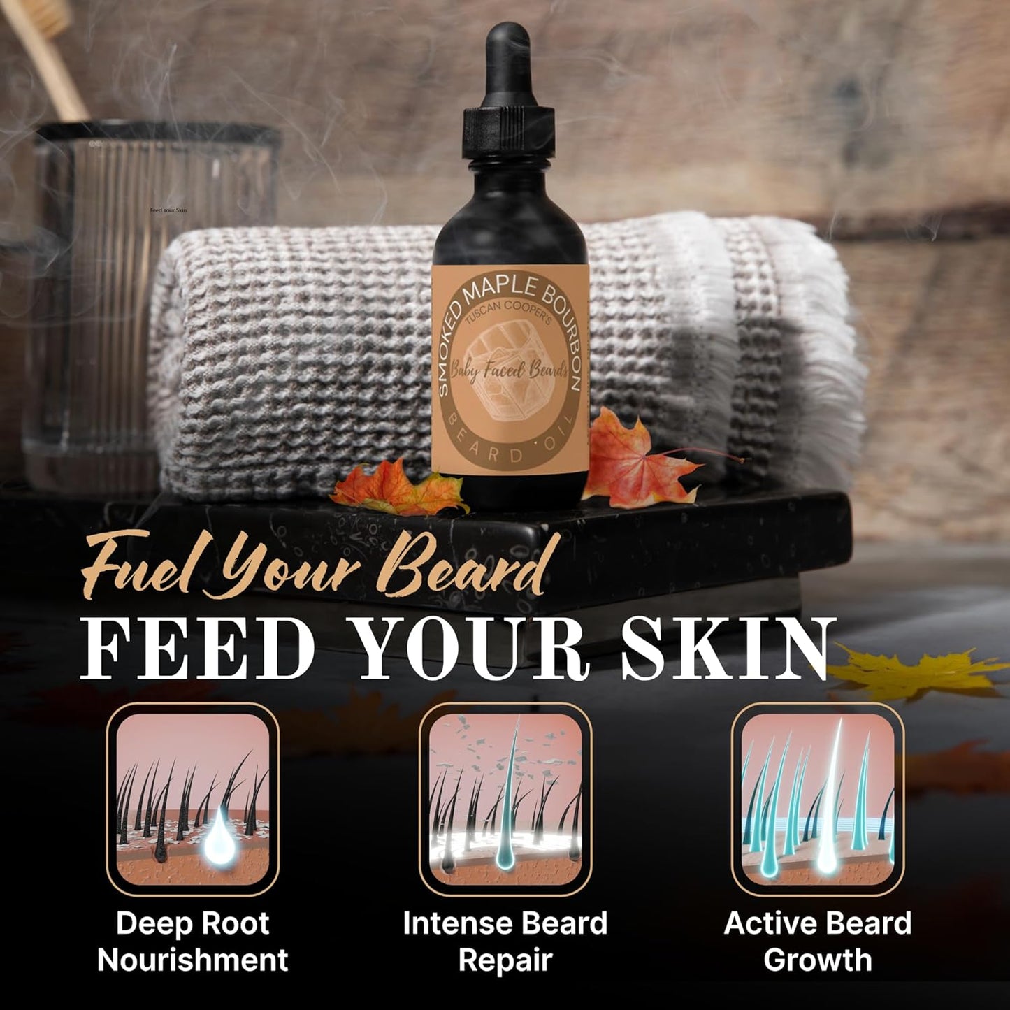 Tuscan Cooper's Baby Faced Beards Oil for Men - Hydrating, Nourishing, Natural Beard Softener and Conditioner for All Hair Types. Coconut, Jojoba, and Sweet Almond Moisture - Smoked Maple Bourbon