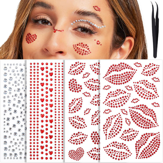 YGDZ Face Gems Self-Adhesive Face Jewels Stickers, Red Lip Hair Gems, Festival Kiss Jewels, Face Rhinestone Stickers for Makeup, Eye, Hair, Body, Rave Accessories, Stick on Gems for Kids, Women
