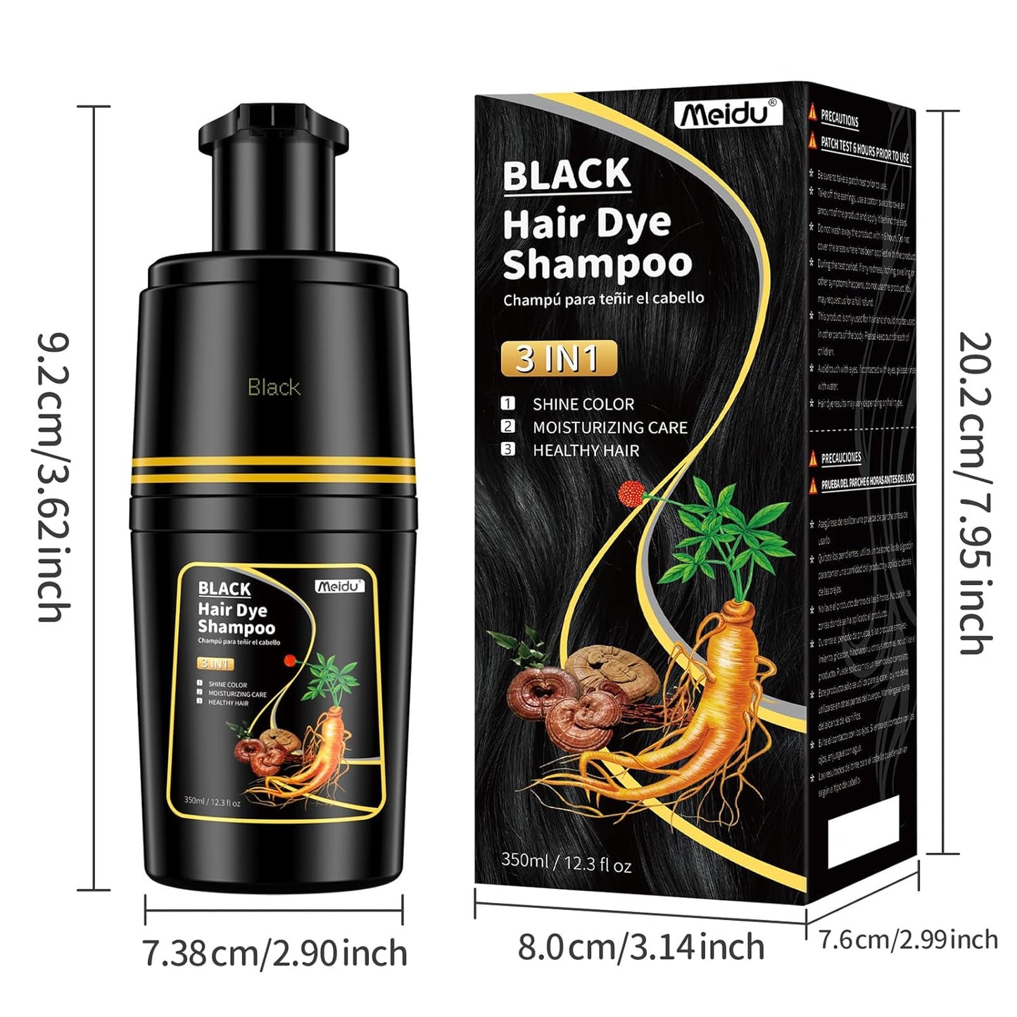 Black Hair dye Shampoo 3 in 1, Natural Hair Color Shampoo for Gray Hair, Tinte Para el Cabello for Women and Men 100% Grey Coverage, 350ml