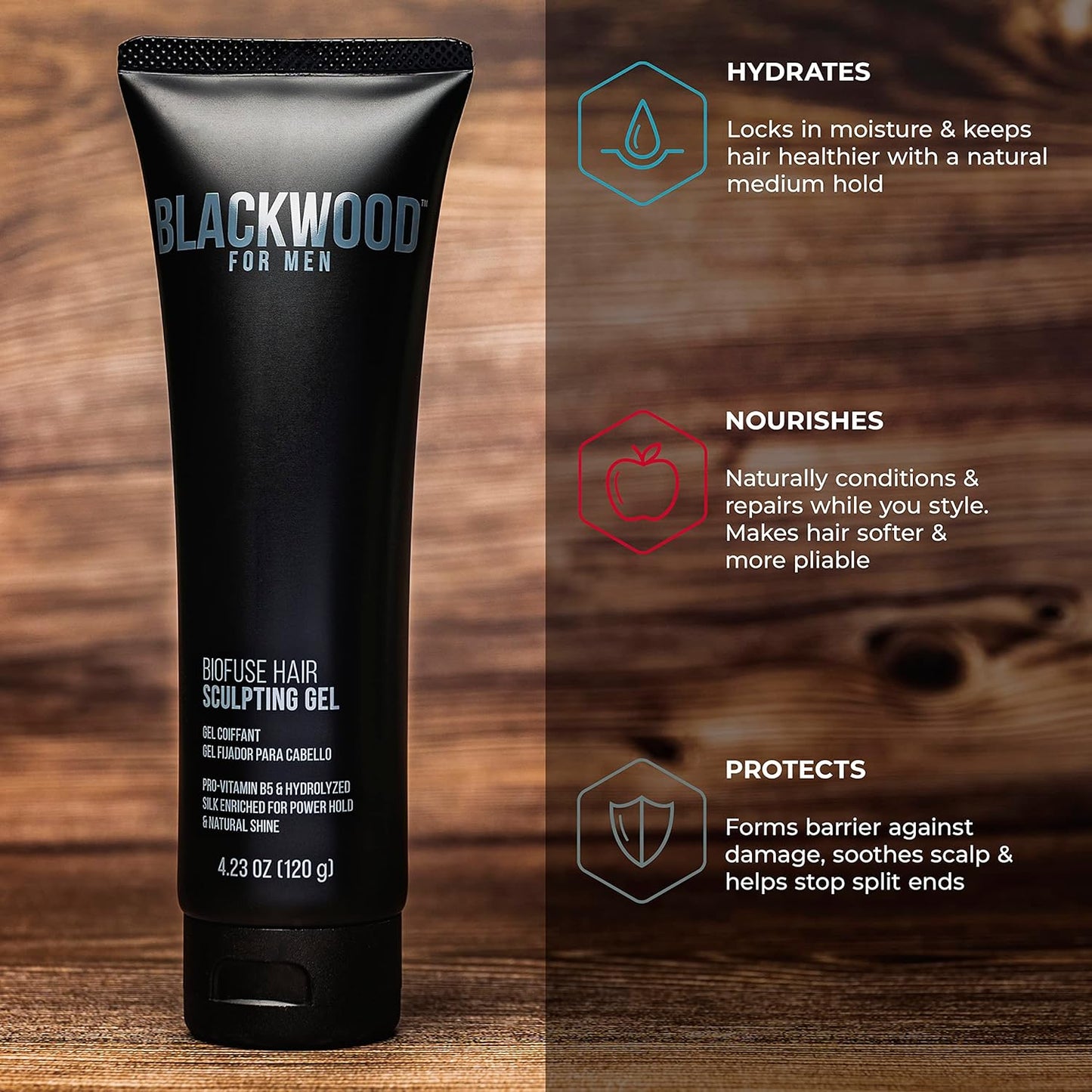 Blackwood For Men BioFuse Hair Sculpting Gel - Long Lasting Hold - Natural Vegan Formula Hair Styling Product for All Hair Types - Sulfate Free, Paraben Free, & Cruelty Free (4.23 Oz)