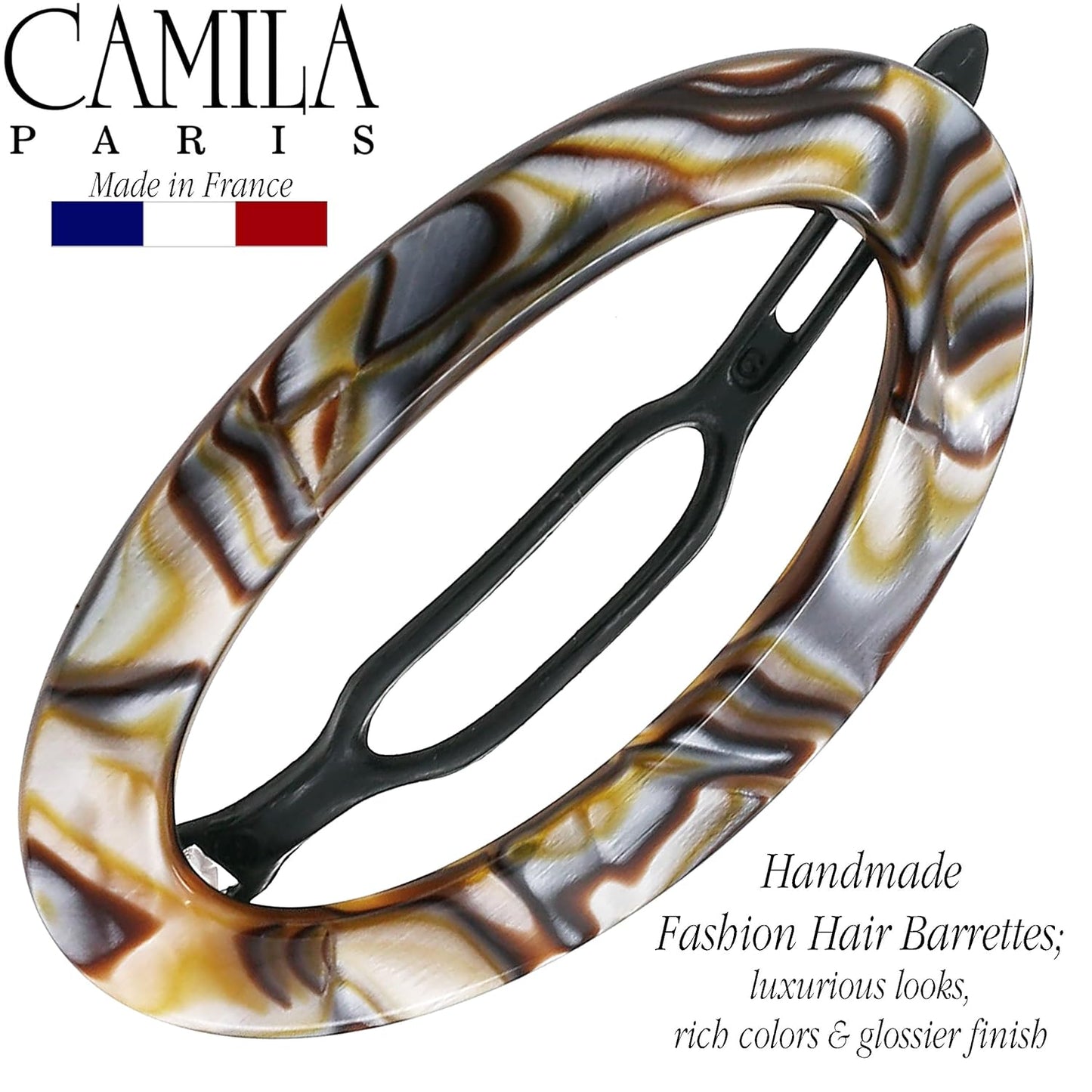 Camila Paris CP3362 French Hair Barrette Clip for Women, Handmade, Onyx, Slide-in Metal-Free Closure, Strong Hold Grip Hair Clips for Girls, No Slip Durable Styling Hair Accessories, Made in France