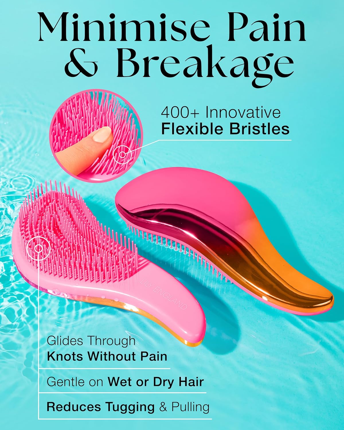 Lily England Detangler Hair Brush for Curly, Thick, Straight & Natural Hair - Gentle Detangling Brush for Women, Kids & Toddlers with Flexible Bristles - Smooth Hairbrush for Wet & Dry Hair, Pink