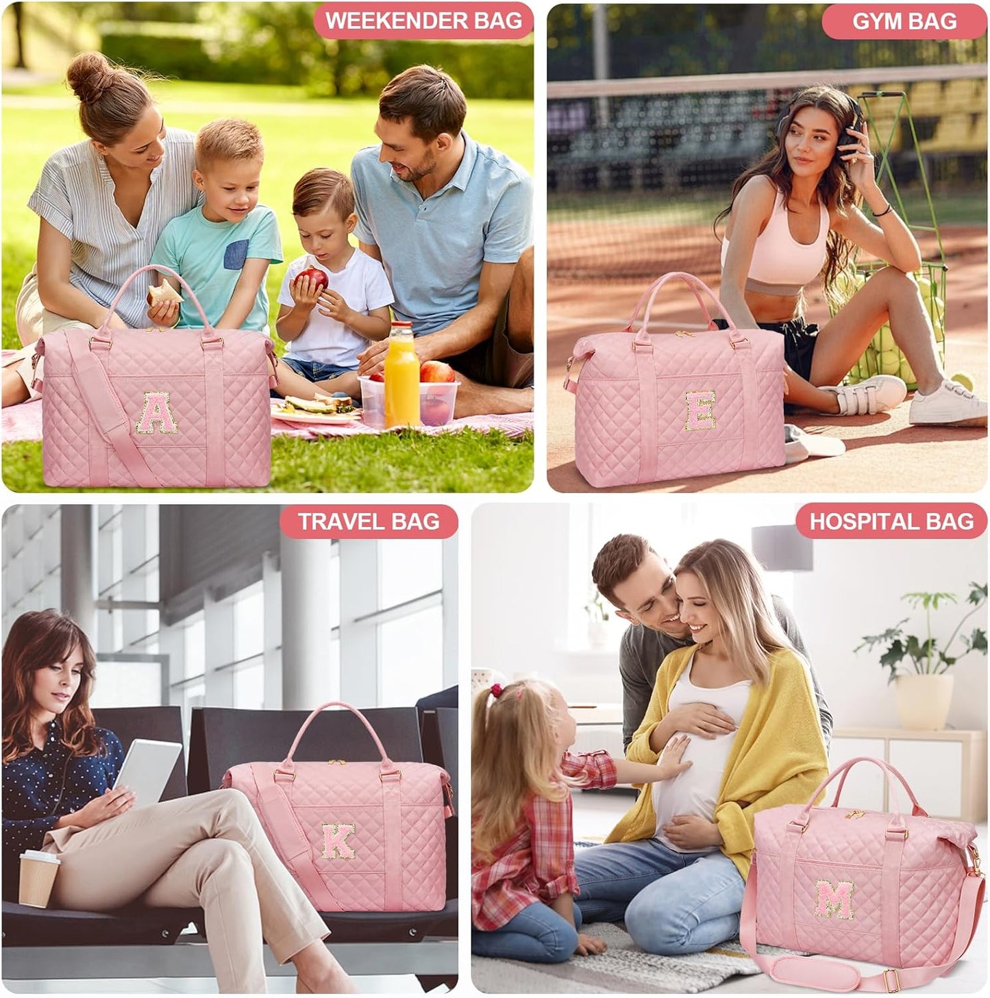 Gifts for Teen Girl, Initial Travel Duffle Bag, Personalized Women Weekender Overnight Bags, Gift for Daughter Kid Girl Wife Friend（Pink,M)