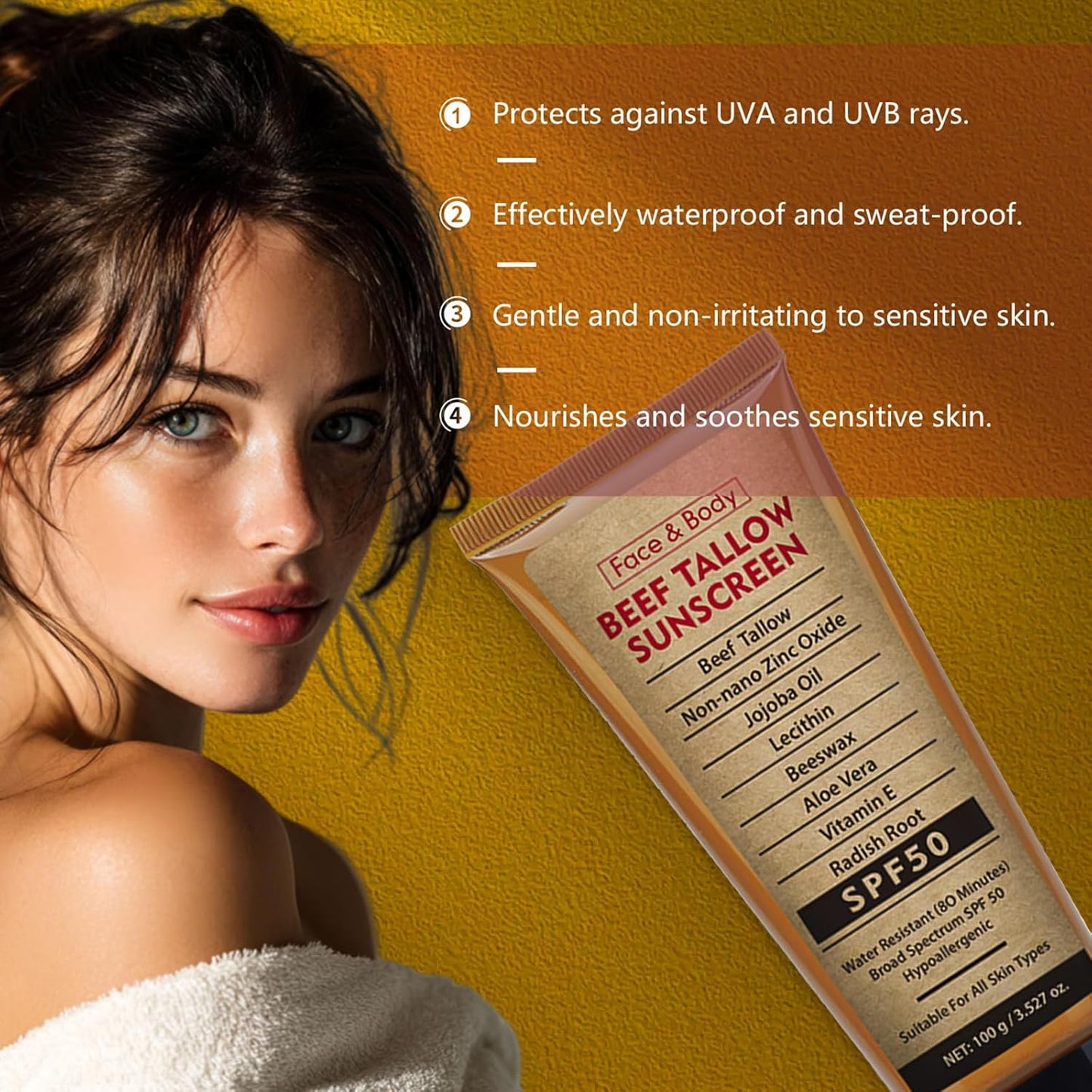 Beef Tallow Sunscreen with Zinc Oxide for Body Facial, Non-Toxic Natural Mineral Sunscreen Reef Safe Sunblock SPF 50,Clean Non-Greasy (For Sport or Daily Use), 3.5 OZ