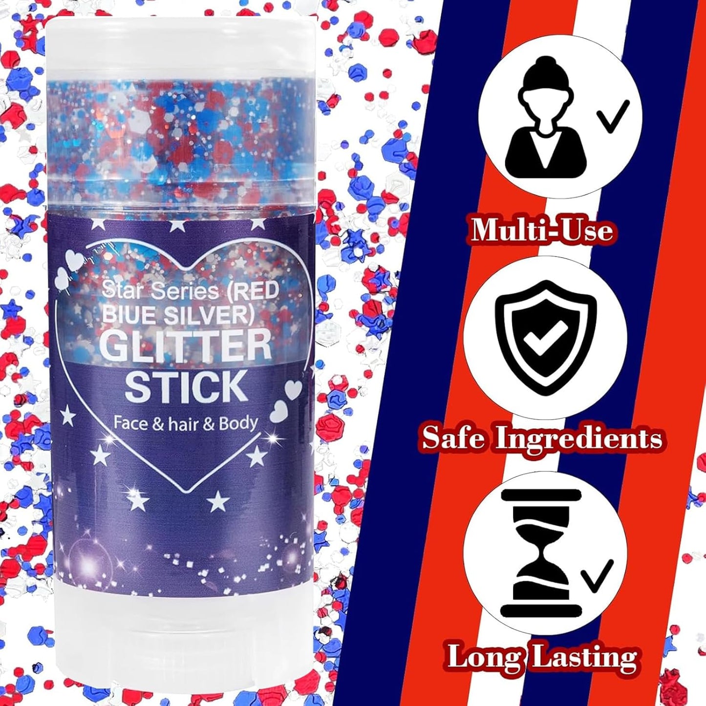 Patriotic Red White and Blue Glitter Stick, 4th of July Outfits for Body & Hair, Women Kids Fourth of July Accessories, Face Hair Glitter for Independence Day, Memorial Day, Veterans Day