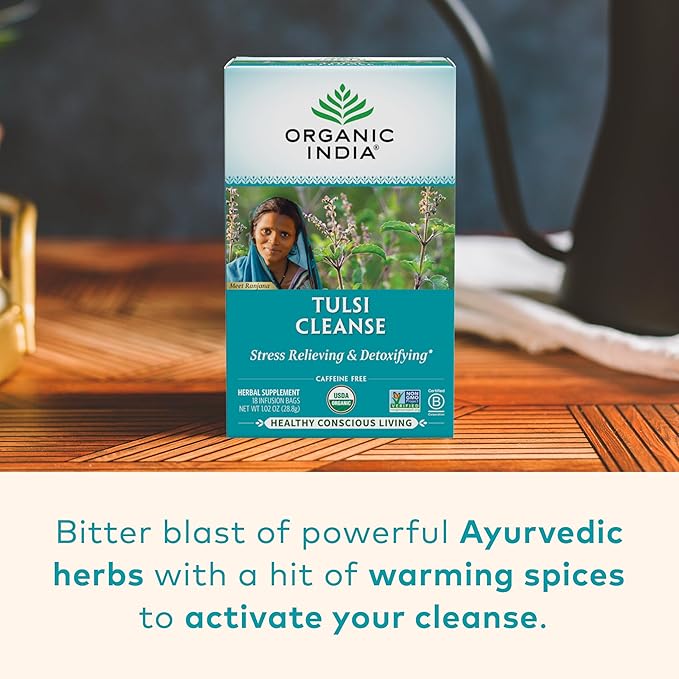 Organic India Tulsi Cleanse Herbal Tea - Holy Basil, Stress Relieving & Cleansing, Immune Support, Adaptogen, Vegan, USDA Certified Organic, Non-GMO, Caffeine-Free - 18 Infusion Bags, 1 Pack