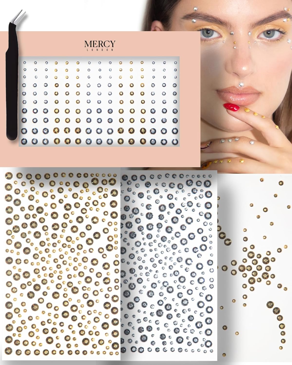 MERCY LONDON Face Gems in Metallic Gold Silver Studs, 866 Self Adhesive Makeup Face Gem Stickers, 4 Sheets, Reusable Eye Gems, DIY Face Gems